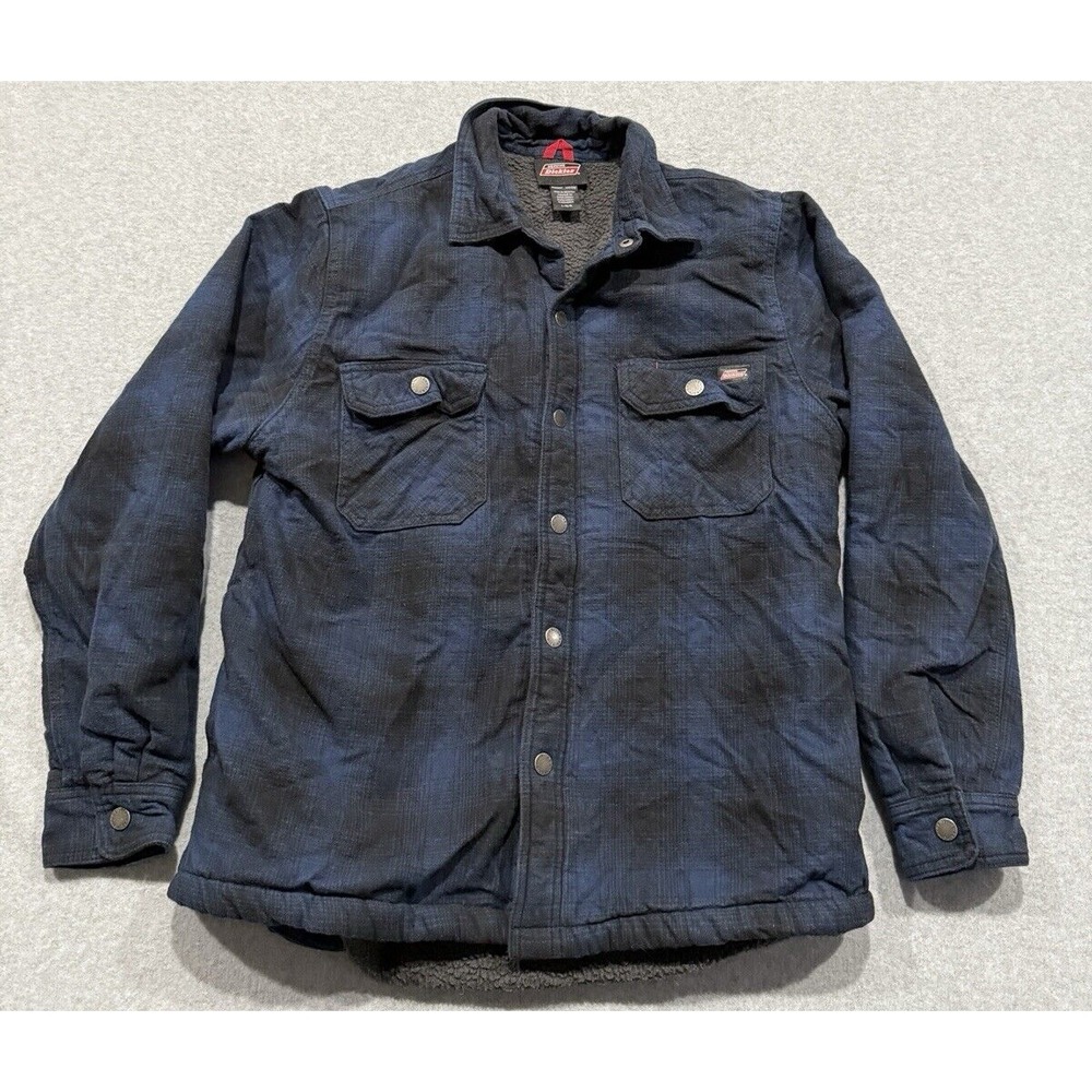 Dickies Flannel Jacket Men's Large Blue & Black Plaid Sherpa Lined Pockets Snap